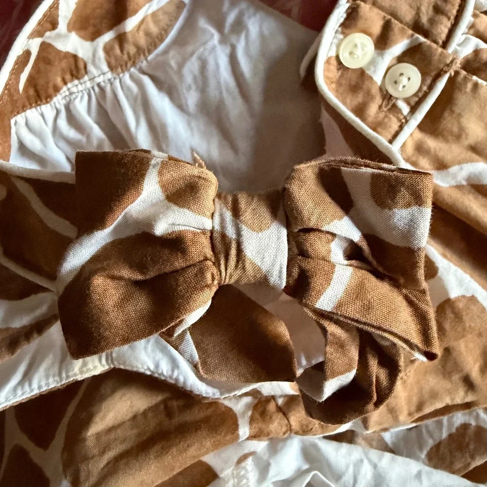 Janie and Jack Girls Dress Brown Giraffe Print Cotton 12-18 Months Animal Bows